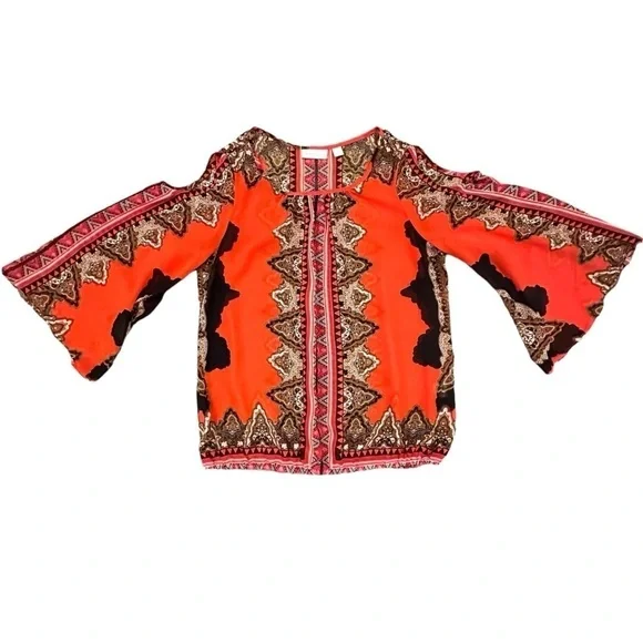 New York & Company Cold Shoulder 70’s Throwback Orange Top Bell Sleeves Womens S - Picture 5 of 5